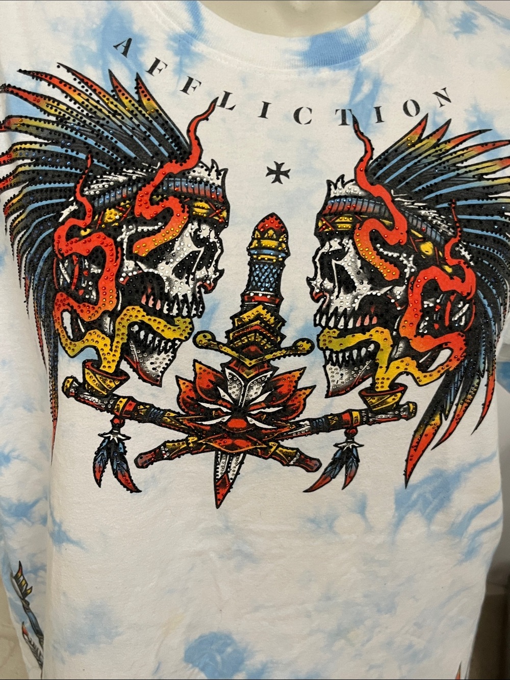 Affliction Light Blue Tie-Dye Skull & Dagger Graphic Tee